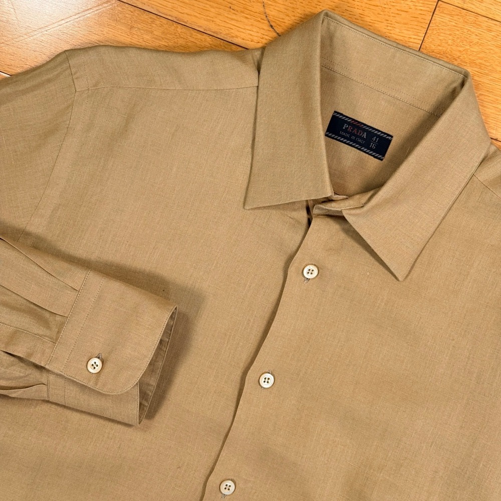 Prada Mens Tan 100% Linen Button Down Shirt Made in Italy Size 41 16 Khaki